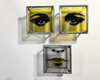 Yellow Pop Art Face Metal Wall Sculpture: Slim Profile Shadow Art