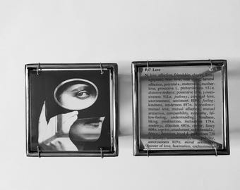 Love word thesaurus and mysterious gaze, metal wall decor