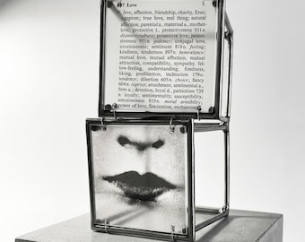 Steel Cube Wall Art, Lips and Love Thesaurus Print, 10cm Metal Sculpture