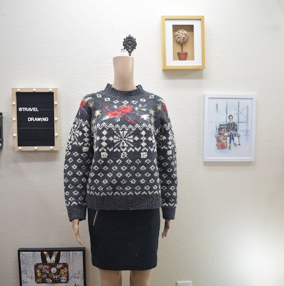 Hand Knit Wool Chunky Fair Isle Mock Neck Sweater