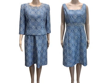 Vintage Preston and York Blue Silver Brocade Dress and Blazer Set