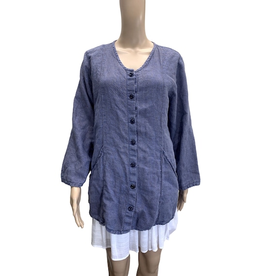 Flax Linen Button Front Stripped Long sleeve Tuni… - image 1