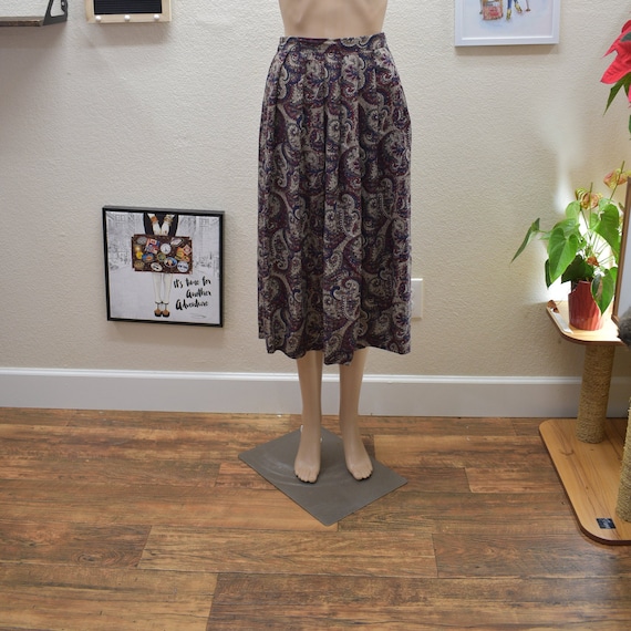 Vtg Paisley Rayon Pleated Mid-Calf Skirt