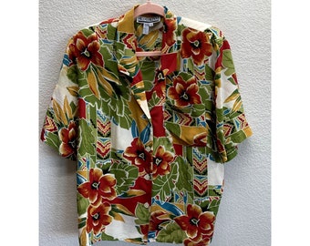 Vintage Silk Hawaiian Floral Short Sleeve Blouse 14