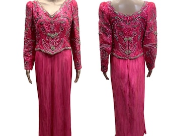 Richilene 80s Vintage Heavily Embroidered Beaded Pink Silk Chiffon Evening Dress