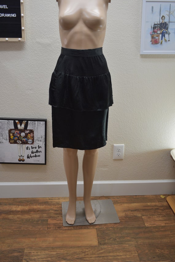 70s Vintage Peplum Black Satin Pencil Skirt