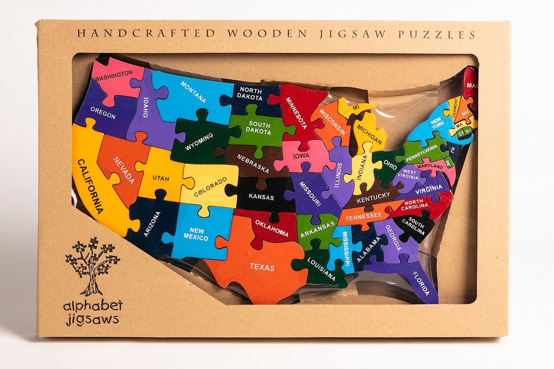 Map Of Usa Handcrafted Wooden Jigsaw Puzzle Etsy