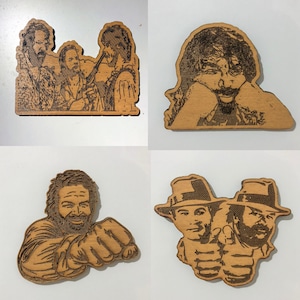 4 pieces Bud Spencer Terence Hill called him trinity magnet Wood magnet collections size 8 cm x 7 cm