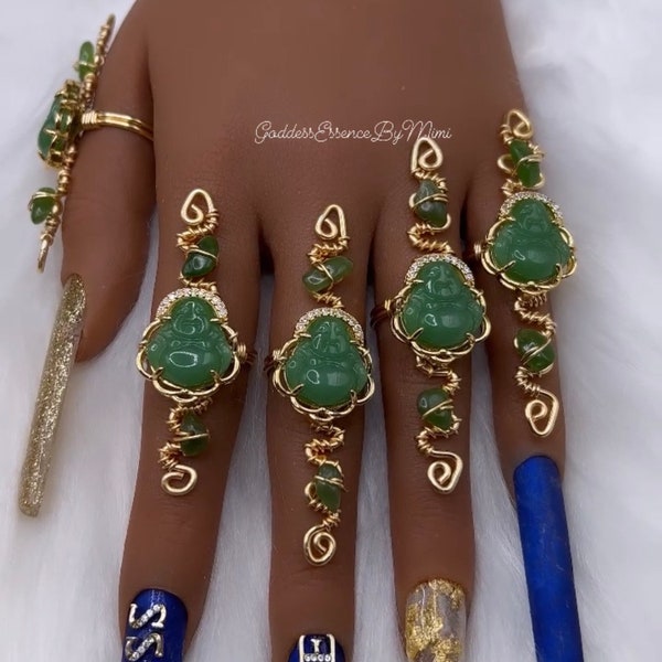 14k Jade Buddha Göttin Kunst Kristall Freestyle Ring, voller Fingerring, langer Ring, großer Ring, ethnischer Ring, ganzer Fingerring, Statement Ring