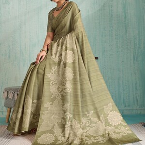 Beautiful Soft Cotton Silk Digital Printed Saree With Unstitched Blouse, Evening Wear Sari, Festive Wear Sari, Puja Wear