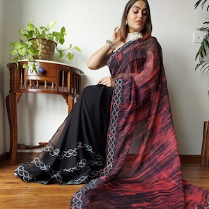 Beautiful Half N Half Designer Printed Saree With Zarkhan work, Bollywood Saree, Party Wear Saree, Black Designer Saree