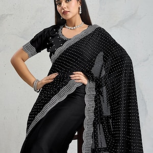 Beautiful Sattin Chiffon stone work saree With Unstitched Blouse, Party Wear Sari, Festive Wear Sari, Bridesmaid saree