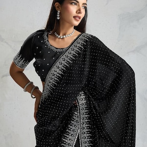 Beautiful Sattin Chiffon stone work saree With Unstitched Blouse, Party Wear Sari, Festive Wear Sari, Bridesmaid saree