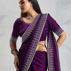 Beautiful Sattin Chiffon stone work saree With Unstitched Blouse, Party Wear Sari, Festive Wear Sari, Bridesmaid saree