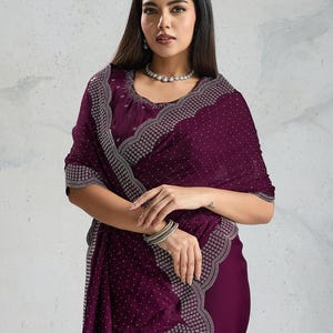Beautiful Sattin Chiffon stone work saree With Unstitched Blouse, Party Wear Sari, Festive Wear Sari, Bridesmaid saree