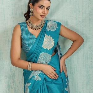 Beautiful Soft Cotton Silk Digital Printed Saree With Unstitched Blouse, Evening Wear Sari, Festive Wear Sari, Puja Wear