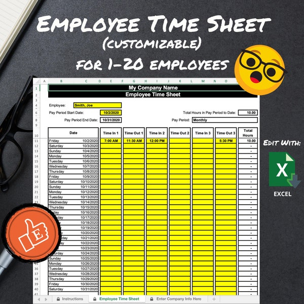 Employee Timesheet Excel (Editable & Protected), Hours Log, Time Tracker, Employee Hours,Business Planner,Printable Timesheet, Time Sheet