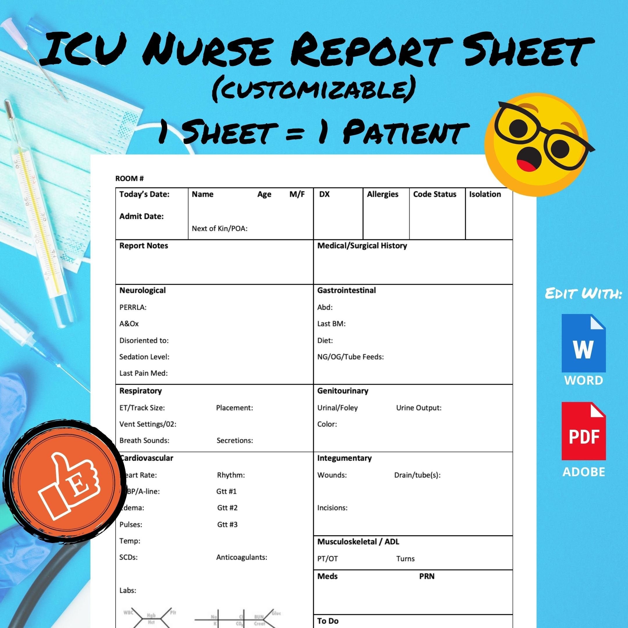 ICU Nursing Report Sheet Template - Customizable Nurse Report Sheet - 22  Patients In Icu Report Template