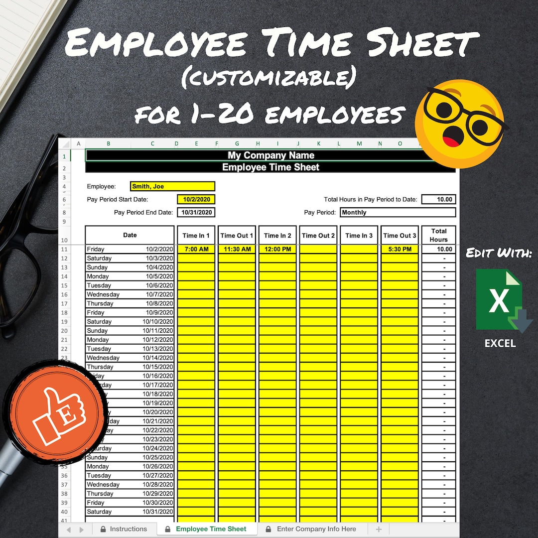 Employee Timesheet Excel editable & Protected, Hours Log, Time Tracker, Employee Hours,business