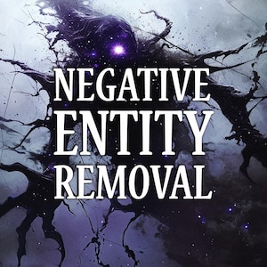 Op de afbeelding: Digitale illustratie met de tekst "NEGATIVE ENTITY REMOVAL" in witte letters. De afbeelding toont een abstracte, schaduwachtige vorm tegen een achtergrond van paarse en grijze tinten, met een mystieke sfeer.