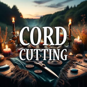 May include: A round wooden table set for a ritual, with the words "CORD CUTTING" in large white letters. The table is covered with a dark green cloth and adorned with candles, a dagger, coins, and other mystical items.