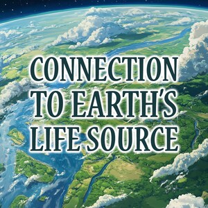 May include: An illustrated view of Earth from space, featuring continents, oceans, and clouds. The text "CONNECTION TO EARTH'S LIFE SOURCE" is overlaid on the image, suggesting an environmental or spiritual theme.