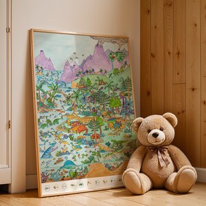 Wimmelbild Kreidezeit - Bunte Urzeitlandschaft für Kinder | Dinos, Vulkane & Urzeittiere – handgezeichnetes Wandbild