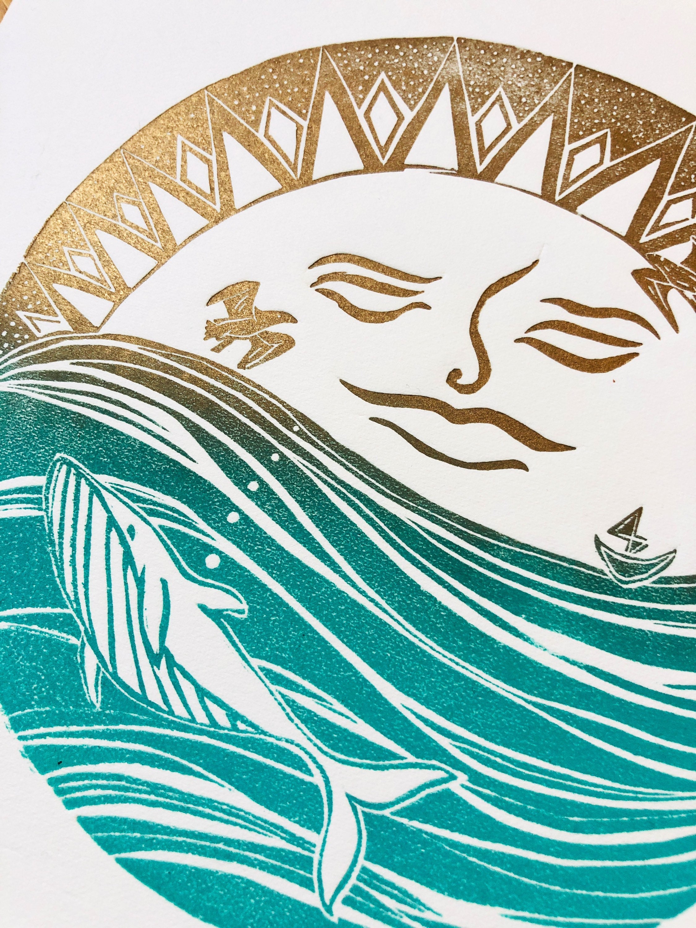 Linocut / Ocean Art / 'Sun Over The Ocean' Lino Print Etsy