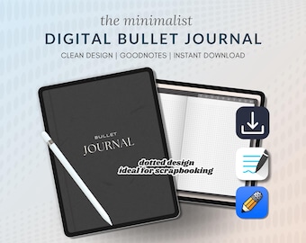 Könnte beinhalten: Digitales Bullet Journal auf einem Tablet mit einem weißen Stift. Das Journal ist schwarz mit dem Wort „JOURNAL“ in Weiß. Der Text „DIGITAL BULLET JOURNAL“ und „CLEAN DESIGN | GOODNOTES | INSTANT DOWNLOAD“ sind ebenfalls sichtbar.