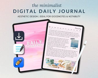 May include: Digital daily journal on a tablet with a pink background and the words "the minimalist DIGITAL DAILY JOURNAL". The journal displays a January page with a white stylus.