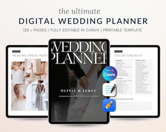 Könnte beinhalten: Digitaler Hochzeitsplaner auf drei Tablets. Das zentrale Tablet zeigt den Text „WEDDING PLANNER“ und die Namen „OLIVIA & JAMES“. Die anderen Tablets zeigen Hochzeitskleid-Inspirationen und eine Dekorations-Checkliste.