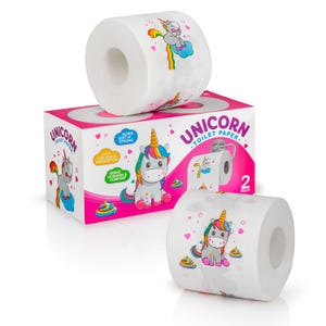 May include: Two rolls of unicorn-themed toilet paper. The rolls are white with a pink, blue, and yellow unicorn design. The packaging is pink with a unicorn design and the text "Unicorn Toilet Paper" and "2 Rolls".