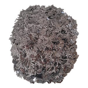 May include: A large pile of small, rectangular, black and white striped pieces. The pieces are densely packed together, creating a textured, abstract pattern against a white background. The overall shape is roughly oval.