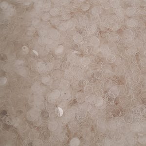 May include: A close-up of a pile of clear, round sequins. The sequins are scattered randomly and create a shimmering effect.