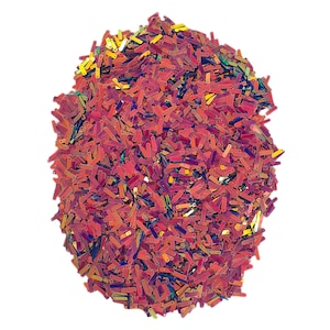 May include: A pile of iridescent, rectangular sequins in shades of pink, purple, and gold. The sequins are scattered, creating a textured, shimmering effect. Ideal for crafts, embellishments, or adding sparkle to various projects.