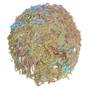 May include: A pile of iridescent, rectangular sequins in shades of gold, green, and pink. The sequins have a slightly elongated shape and reflect light, creating a shimmering effect. The sequins are scattered in a pile.