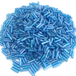 50gr, 100gr pack glass bugles beads 5mm, 6mm, 7mm blue skyblue sky blue