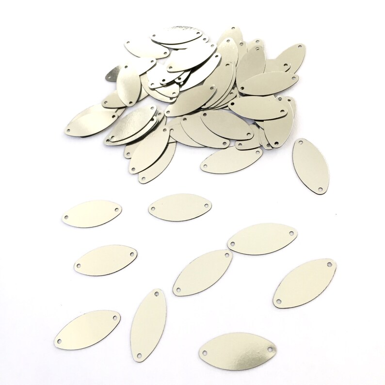 Approx 125 pcs 22x10mm oval elliptical elliptic ovoid silver color flat iridescent two holes sequins paillettes