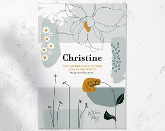 Personalized birthday card for her, printable, minimal flower illustration, best friend gift, outline drawing digital floral