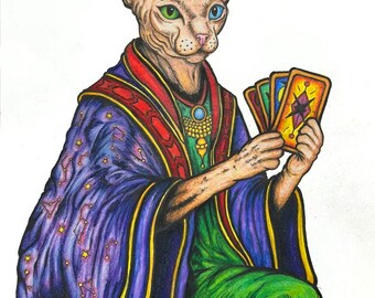 Mystic Sphynx Cat Tarot Reading Print (10x8) – Ink and Prismacolor Art