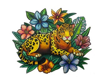 Jaguar and Flowers  - 10x8 Print