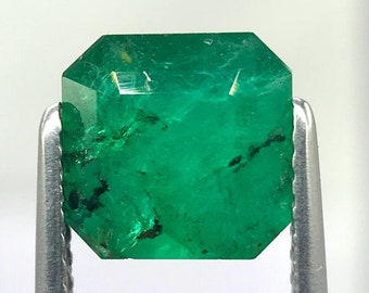 May include: A vibrant green emerald gemstone with a rectangular cut, held in place by metal tweezers.