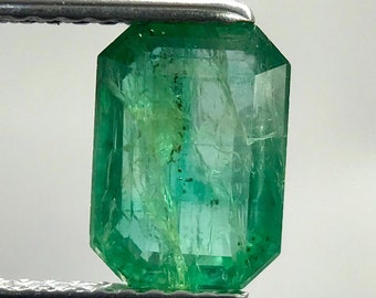 May include: A vibrant green emerald gemstone with a rectangular cut, showcasing a natural inclusion pattern. The emerald is held in a pair of tweezers.