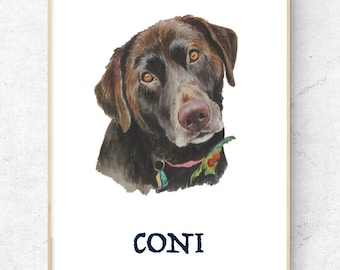 May include: A watercolor painting of a brown Labrador Retriever dog with a pink collar. The dog's name, "CONI", is written in blue text below the image.