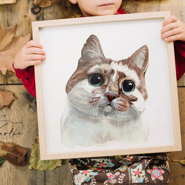 Custom Cat  Portrait Watercoluor Memorial Cat Painting From Photo Personalized Mother's Day Present Cat Gift