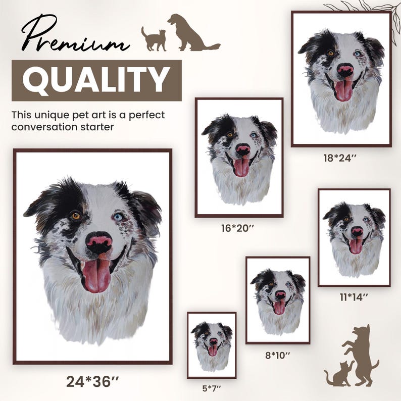 May include: A digital painting of a dog with blue and brown eyes, black and white fur, and a pink nose. The image is available in various sizes, including 5x7 inches, 8x10 inches, 11x14 inches, 16x20 inches, 18x24 inches, and 24x36 inches.
