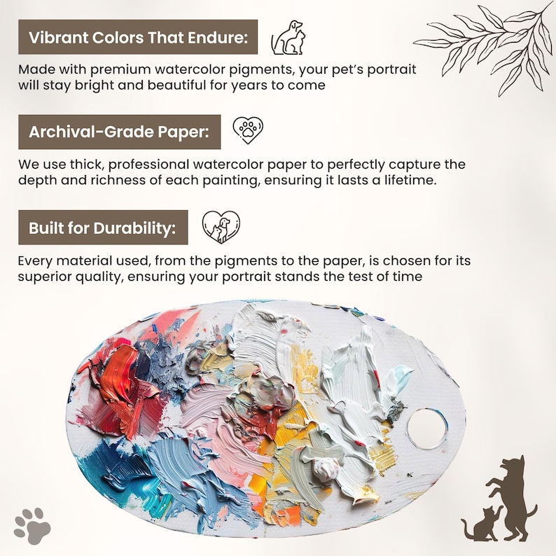 May include: A close-up of a white artist's palette with colorful paint swatches. The text "Vibrant Colors That Endure:" is at the top of the image. The text "Archival-Grade Paper:" is in the middle of the image. The text "Built for Durability:" is at the bottom of the image.