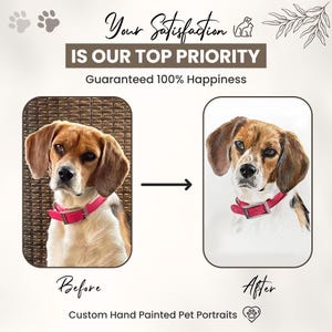 May include: Before and after image showing a custom hand-painted pet portrait. The before image shows a beagle dog in a wicker chair. The after image shows a hand-painted portrait of the beagle dog.