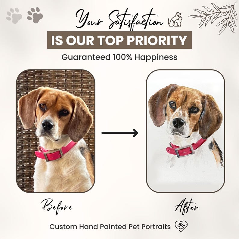 May include: Before and after image showing a custom hand-painted pet portrait. The before image shows a beagle dog in a wicker chair. The after image shows a hand-painted portrait of the beagle dog.