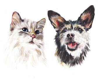 Custom Watercolor Pet Portrait: Multiple Pets, Personalized Memorial Gift